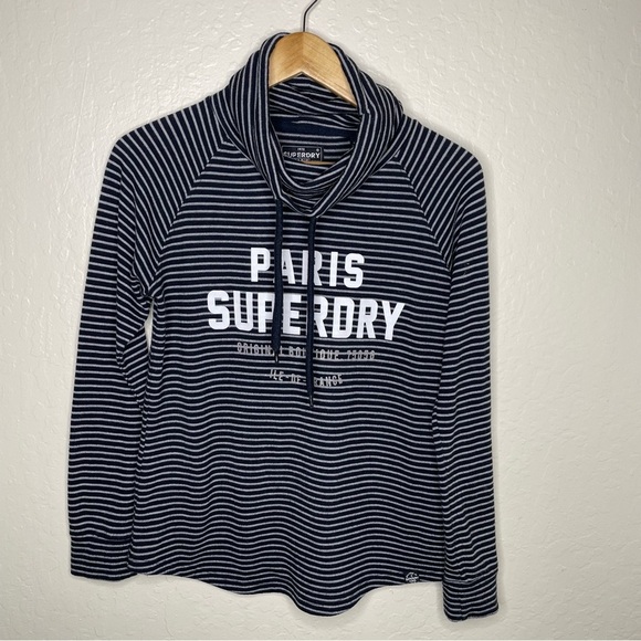 Superdry Paris Women’s Size S Cowl Neck Striped Sweater Draw String Navy Gray - Picture 1 of 7